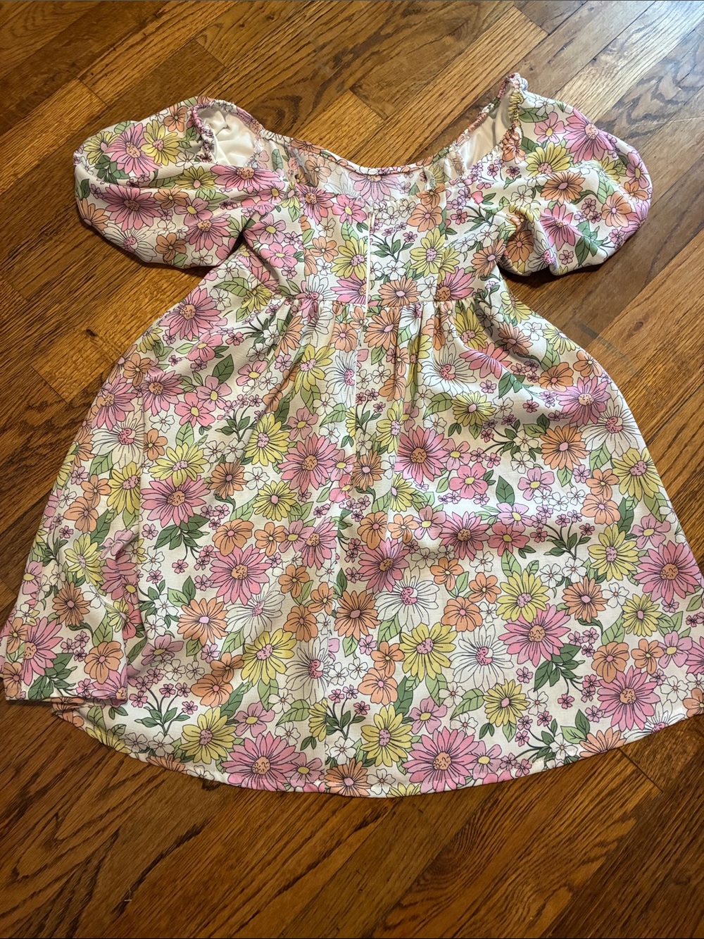 Altar'd State Floral Puff-Sleeve Dress in Pink, Yellow & Green